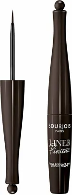 A product shot of a brown liquid eyeliner with its applicator brush.