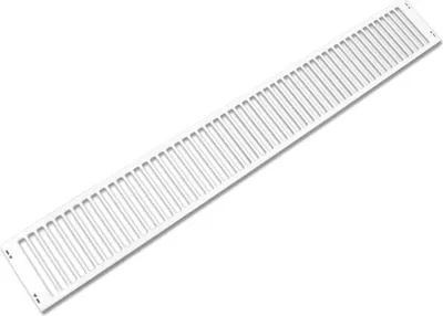 A white, long, rectangular object with many parallel slits is shown on a white background.