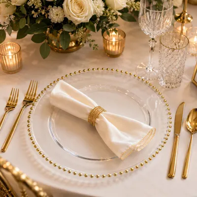 Produktbild von Platzteller Glas 32 cm mit Goldperlenrand - Transparenter Unterteller für Hochzeit, Geburtstag, Event, Party Weinachten und Festtafel