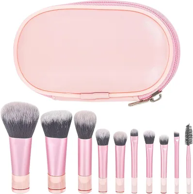 Image de Mini ensemble de pinceaux de maquillage, 10 pièces, avec pochette de rangement. Pinceaux professionnels pour le fond de teint, le contouring et la poudre blush