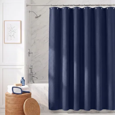 Productafbeelding van Textiel douchegordijn, badgordijn, waterafstotend, gewafeld materiaal, inclusief 12 ringen, 180x200 cm, donkerblauw