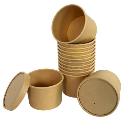 Produktbild von KURTT 100 Stück, 12oz/350ml Pappbecher mit Deckel - Mehrzweckeinsatz für Eiscremebecher, Suppenbecher, Lebensmittelbecher - Dressingbecher