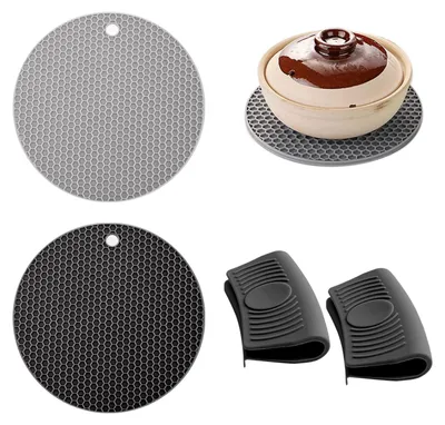 Silikon-Topfuntersetzer 4er-Set + 2 Handclips, hitzebeständig
