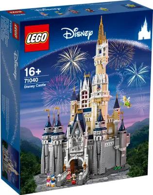 The image shows the box of a LEGO Disney Castle set, with fireworks in the background and characters from Disney.