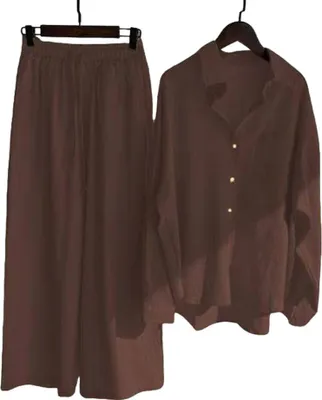 Obrázek produktu pro ASKSA Dámský kalhotový kostým mušelínová halenka Dvoudílné letní tričko s dlouhým rukávem Kalhoty se širokými nohavicemi Loungewear, hnědá barva, vel: XL