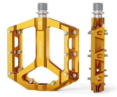 Image de Paire de pédales plates pour VTT et vélo de gravel, en alliage d'aluminium, usinées CNC, axe de 9/16", antidérapantes, couleur or