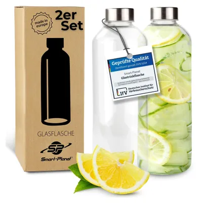 Produktbild von 2er SET hochwertige Trinkflaschen aus Glas - Glasflasche - 1L Glastrinkflasche mit Metalldeckel - mit Reinigungskugel für hartnäckigen Schmutz