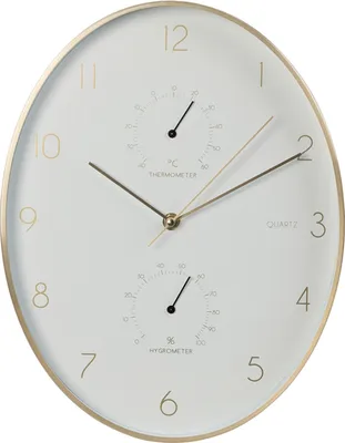 A white wall clock with gold accents and integrated thermometer and hygrometer.