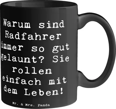 Produktbild von Mr. & Mrs. Panda Tasse Spruch Radsport Glück - Schwarz - Geschenk, Kaffeebecher, Lebensfreude, Pott, Kaffeetasse, Geschenktasse, Sportler, Sportart, haferl, Freude