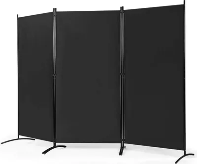 A black, three-panel room divider is shown against a white background.