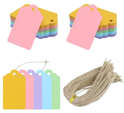 Productafbeelding van Cadeaulabels kraft karton - 7 x 4 cm - 150 stuks - 150 meter jutekoord - 5 kleuren - Voor knutselen en kerst