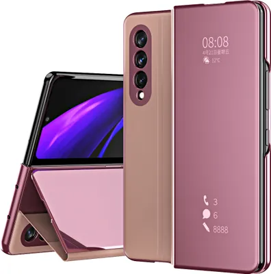 Produktbild von Samsung Galaxy Z Fold 3 5G Hülle, Lichtdurchlässigen Spiegel Abdeckung, Klappetui Kunstleder Schutzhülle für Samsung Galaxy Z Fold 3 5G Roségold