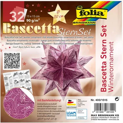 Produktbild von folia 400/1515 - Bastelset Bascetta Stern Winterornament lila/silber, 32 Blatt, 15 x 15 cm, fertige Größe des Papiersterns ca. 20 cm, mit ausführlicher Anleitung - ideal zur zeitlosen Dekoration