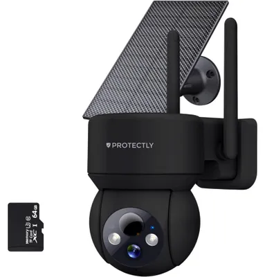 Produktbild von Protectly® 3K Solar Überwachungskamera Außen – kabellose WLAN Kamera mit 5MP, Nachtsicht, 355° PTZ, 64GB SD & App