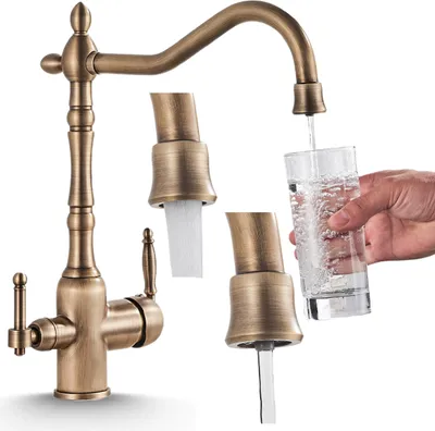Immagine prodotto di Rubinetto da cucina retrò a 3 vie con attacco per filtro dell'acqua, bocca fissa, orientabile a 360°, bocca singola, cartuccia in Vetroceramica dorata