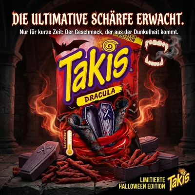 Produktbild von Takis Dark Dracula Limited Edition – Gerollte Maissnacks mit Teriyaki-Geschmack 100 g + Heartforcards Versandschutz