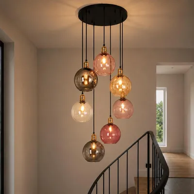 Zdjęcie produktu dla ZMH Lampa wisząca 7 punktowa kolorowe szkło 190cm regulowana wysokość dla klatki schodowej willi salonu jadalni sypialni wysokich sufitów
