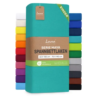 Zdjęcie produktu dla Lavea® Elastyczne prześcieradła dla dzieci, 60x130 cm - 70x140 cm, wzór Maya, 100% bawełna – Miękkie, oddychające prześcieradło do materacy o grubości do 12 cm - Turkusowe