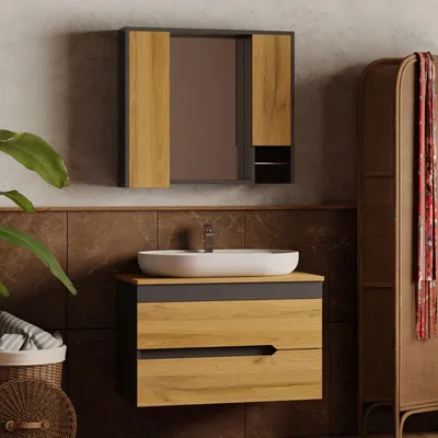 Produktbild von Badmöbel Set Eiche | Konsolenwaschtisch mit Unterschrank & Spiegelschrank 80 cm