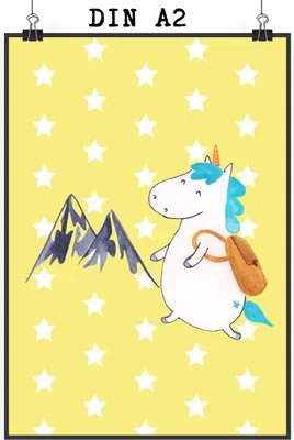 Produktbild von Mr. & Mrs. Panda Bild Einhorn Bergsteiger DIN A2 - Gelb Pastell - Geschenk, Einhörner, drucke, Unicorn, wanddeko, Urlaub, Reisen, Wandbild, Plakat, Abenteuer, Kunstdruck