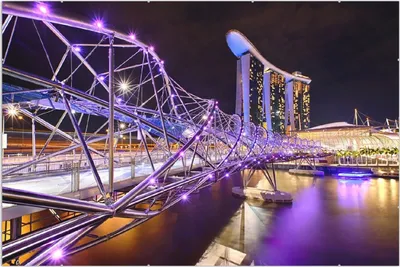 Produktbild von Wallario Wandbild Helix-Brücke in Singapur bei Nacht, Größe: 61 x 91,5 cm, Poster mit rahmenlosen Bildhalter