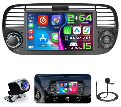 Immagine prodotto di Autoradio Android 15 per Fiat 500 dal 2007 al 2015, con schermo touchscreen da 7 pollici e CarPlay wireless, 2G+64G