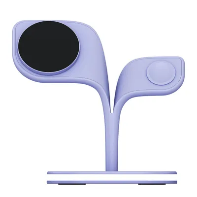 A purple wireless charging stand with two charging pads and a base with LED lights.