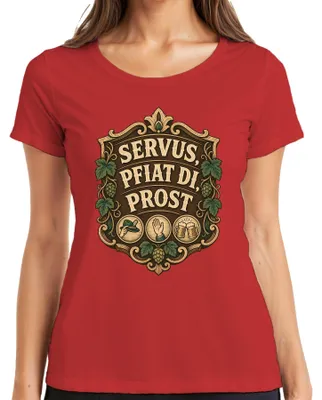 Produktbild von Servus Pfiat Di Prost Lustig Bayern Wiesn Trachtenshirt Lederhose Damen T-Shirt, Rot, L