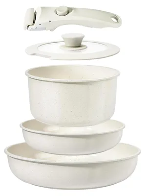 Immagine prodotto di Set da cucina da 5 pezzi, composto da pentole e padelle, con manico removibile, adatto per piani cottura a induzione, colore bianco