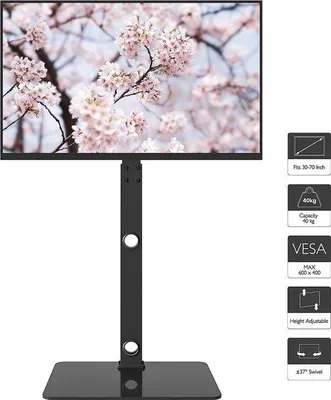 Productafbeelding van Unyqoos® TV-vloerstandaard voor televisies van 30–70 inch – draaibaar (±37°), in hoogte verstelbaar (6 standen), VESA 75×75–600×400, draagvermogen TV 40 kg, glazen plateau van 8 mm, draagvermogen 60 kg