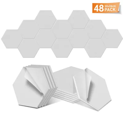 Zdjęcie produktu dla YARDIN Sześciokątne panele akustyczne 30 x 26 cm, białe, 48 sztuk, samoprzylepne, filc poliestrowy 1200 g/m², panele dźwiękochłonne, panele izolacyjne do studia nagraniowego, kina domowego, pokoju muzycznego, KTV, biura, baru