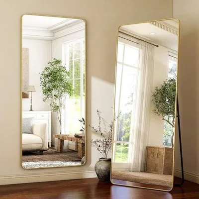 Zdjęcie produktu dla Lustro stojące w aluminiowej ramie w kolorze złotym, 58,42 x 167,64 cm