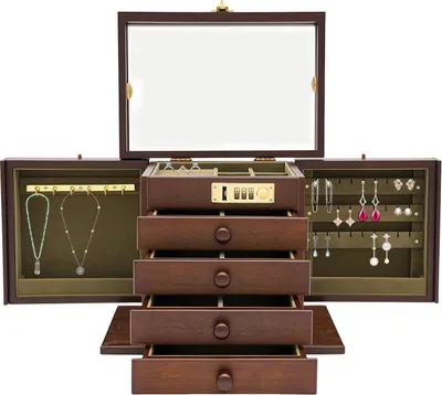 Produktbild von Schmuckkasten - Retro Schmuckschatulle - 5 Ebenen + 2 Schwenktüren - Zahlenschloss Code 000 - Samt innen - MDF/Holz - 27,5×19,1×22,9 cm - Braun