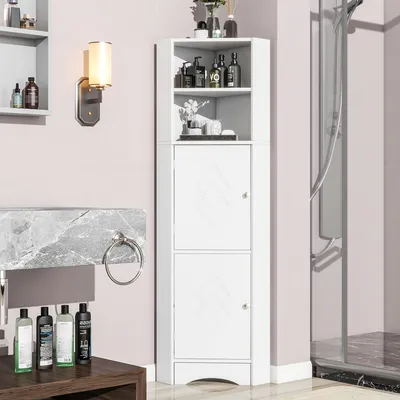 Produktbild von Merax Badezimmerschrank mit verstellbarem Einlegeboden, Eckschrank mit Ablagefächern und offenen Fächern, Badkommode Hochschrank 36.5x155x36.5cm, Weiß