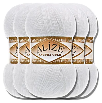 Produktbild von Alize 5x 100g Angora Gold Wolle, Uni, Häkeln, Stricken (White | 55)