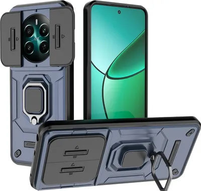 Image de Étui pour Realme 12+ étui double couche avec protecteur d'appareil photo coulissant et support d'anneau, stand bleu