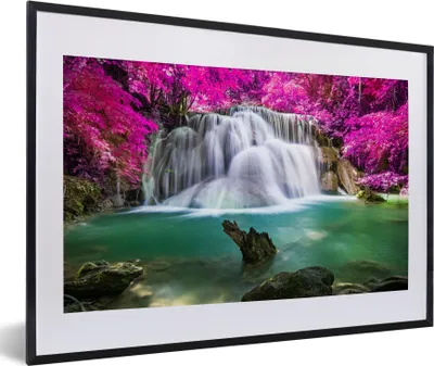 Produktbild von MuchoWow® Gerahmtes Poster Wasserfall - Rosa - Bäume 60x40 cm - Poster mit Schwarzem Bilderrahmen Wandposter Rahmen Foto Bilder - Schlafzimmer - Plakat in Rahmen - Drucken
