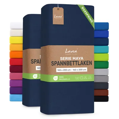 Zdjęcie produktu dla Zestaw 2 sztuk prześcieradeł elastycznych Lavea® o wymiarach 140/160x200 cm, prześcieradła dżersejowe wykonane w 100% z bawełny – przeznaczone do łóżek z materacem sprężynowym, łóżek wodnych i materacy o grubości do 35 cm – kolor: granatowy (Galaxyblau)