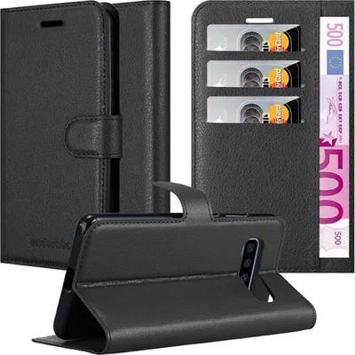 A black leather flip case for a smartphone, shown open with cards and currency inserted.
