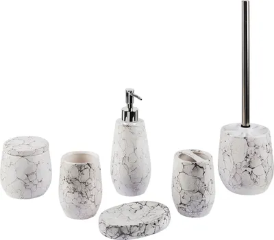 A set of bathroom accessories with a marble-like pattern.