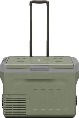 A green and gray portable cooler with a retractable handle and wheels, shown from the front.