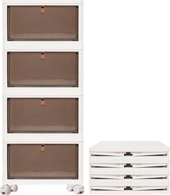 Productafbeelding van Famanu opbergbox met deksel, stapelbaar, 4-laags, met magnetische deuren en wielen - groot formaat