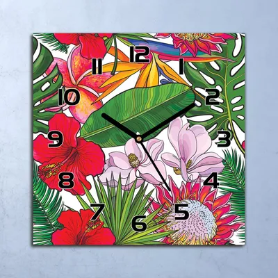 Produktbild von Wanduhr Echt-Glas-Küchenuhr Exotische Pflanzen Quarz 30x30 Deko Bilder