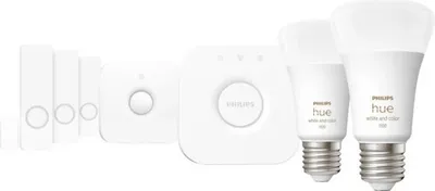 Produktbild von PHILIPS HUE Sicheres Basisset – 2x E27 9W 1100lm 2000–6500K RGB + Bridge + Bewegungsmelder + 3x Fenstersensor