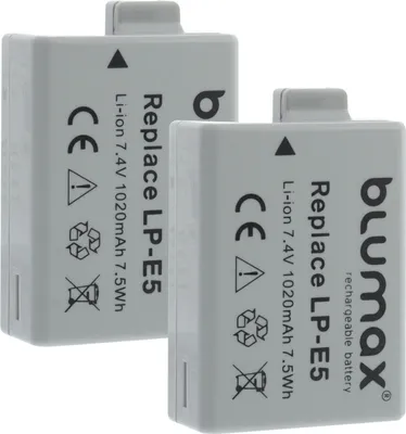 Produktbild von 2x Blumax Akku | für Canon LP-E5 Digitalkamera | Kapazität 1020mAh  |Spannung 7,4Volt | Video- und  Kamerazubehör