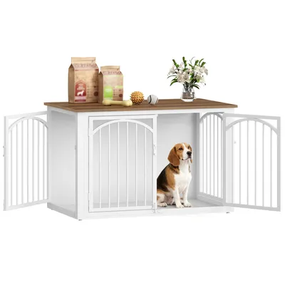 Produktbild von Hundebox Holz 100x60x63 cm, Braun & Weiß, 4 Türen, Möbel-Hundekäfig als Beistelltisch, für mittelgroße bis große Hunde, Indoor