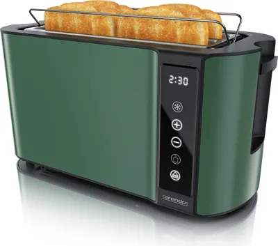 A green toaster with two slices of toast on a white reflective surface.