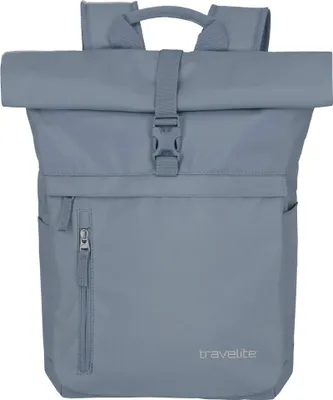 A studio shot of a blue roll-top backpack.