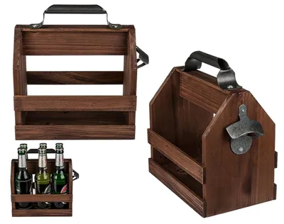 Produktbild von Party Holz Bierträger Sixpack mit Metall Flaschenöffner Vintage Flaschenträger