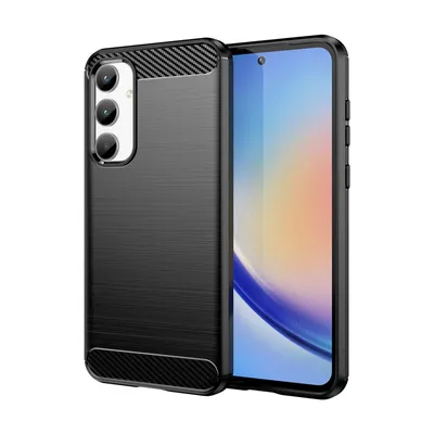 A black phone case with a carbon fiber texture is shown next to a smartphone.